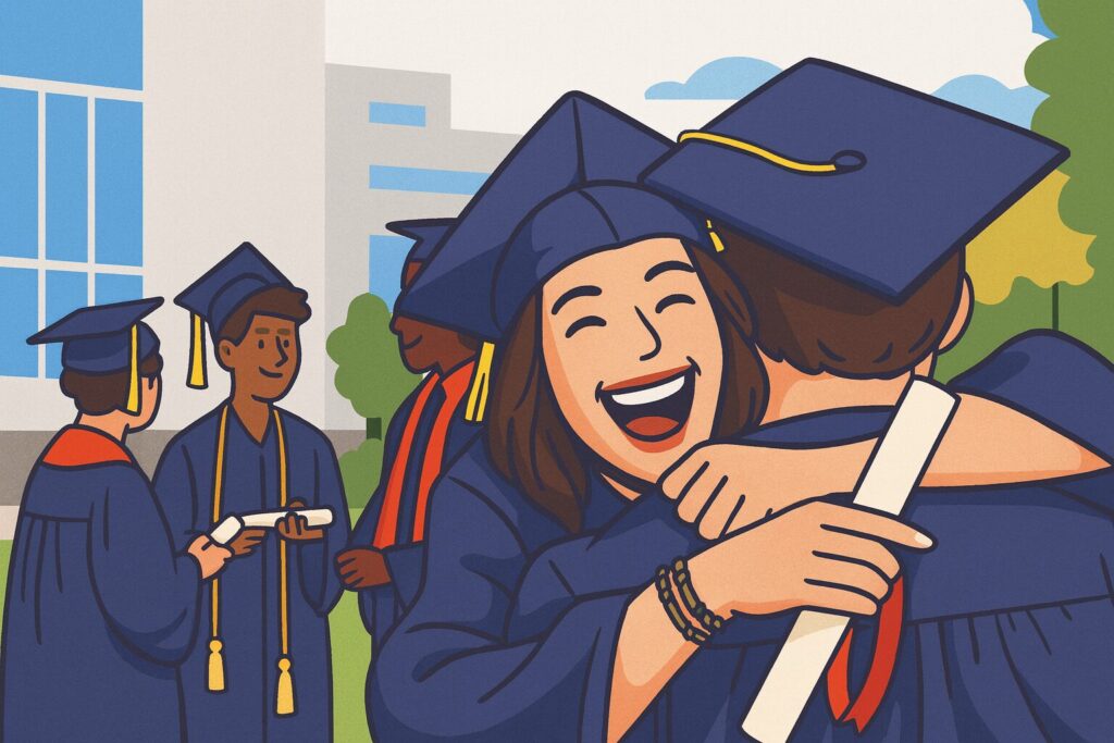 Grad Student Happily Hugging Fellow Grad