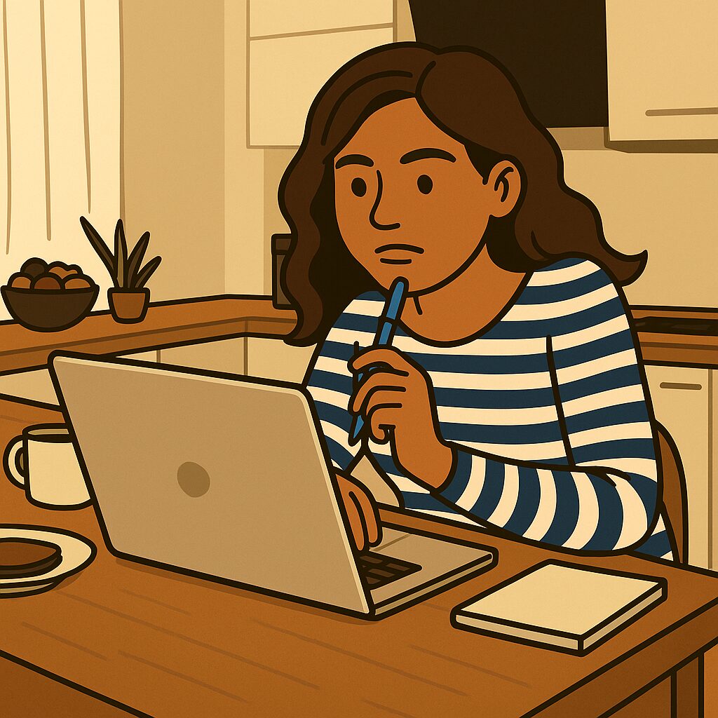 Professional student thinking at computer in kitchen